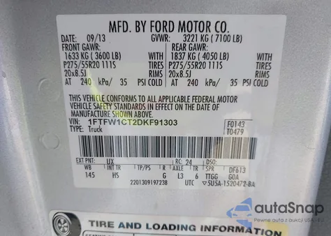 2013 Ford F-150 Lariat z USA, uszkodzony, nr VIN 1FTFW1CT2DKF91303